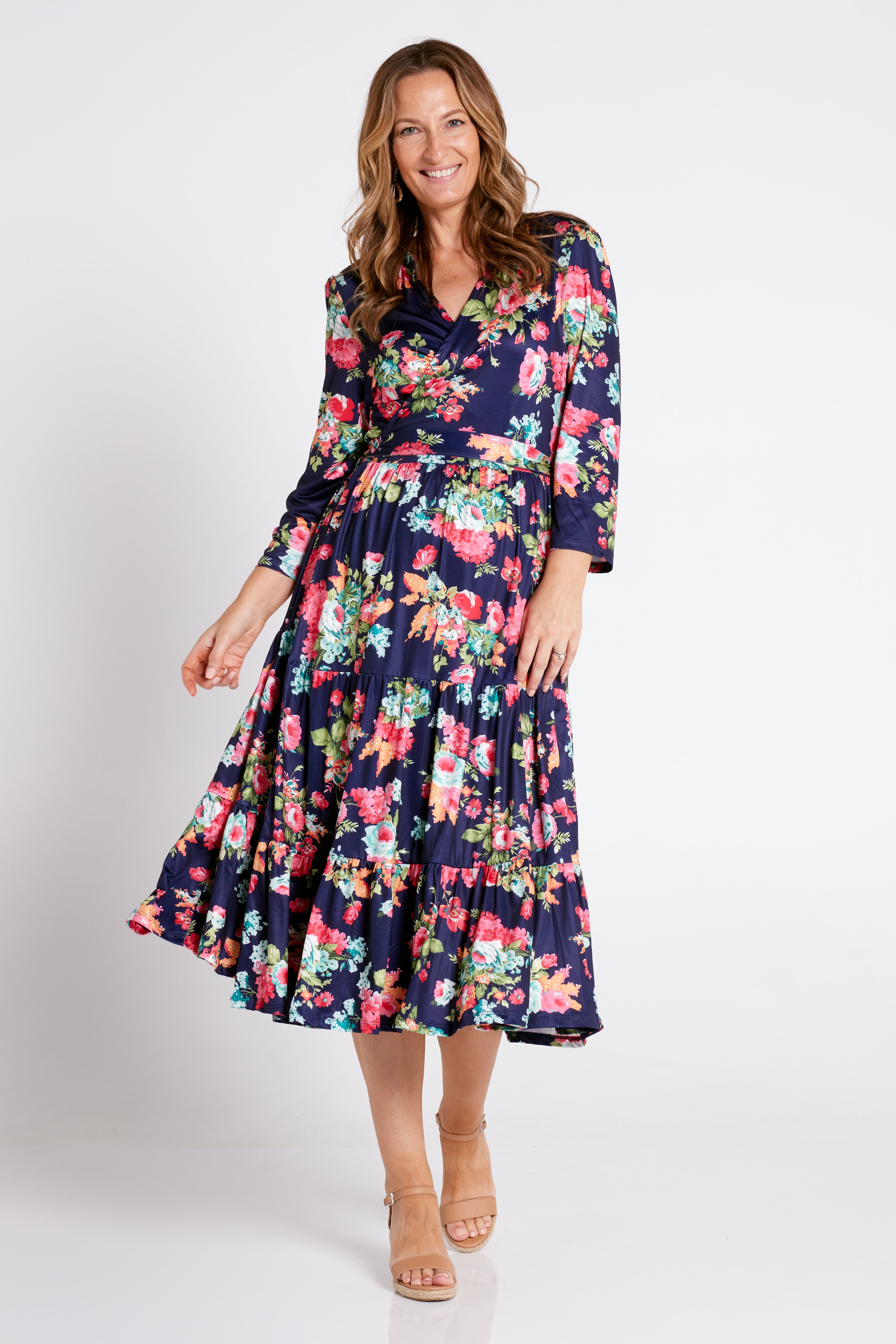 Imogen Wrap Dress Navy Floral Dresses for Mature Women TULIO