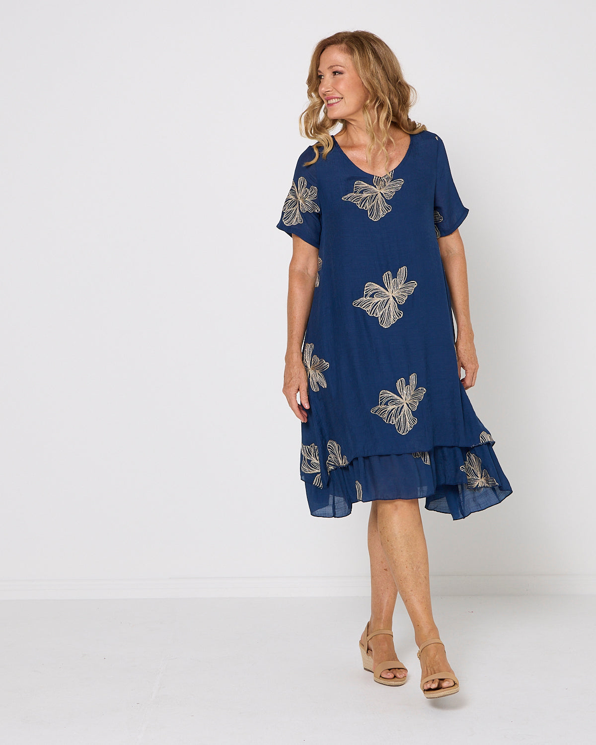 Yasmin Embroidered Dress - Navy/Gold