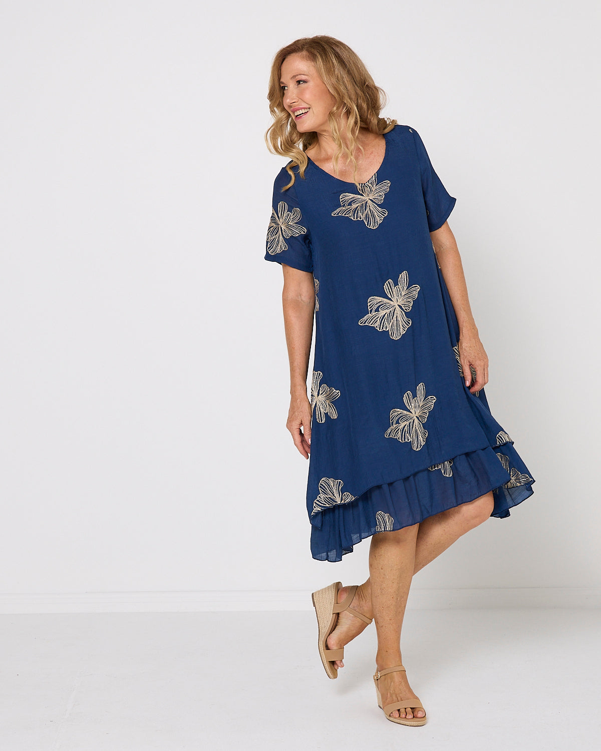 Yasmin Embroidered Dress - Navy/Gold