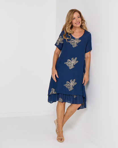 Yasmin Embroidered Dress - Navy/Gold