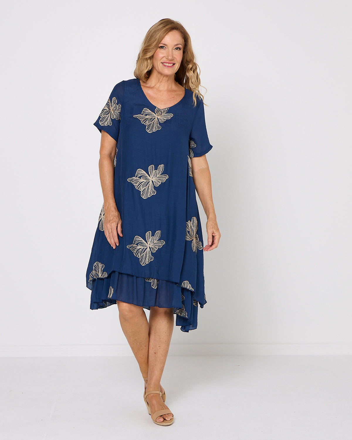 Yasmin Embroidered Dress - Navy/Gold