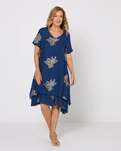 Yasmin Embroidered Dress - Navy/Gold