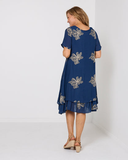 Yasmin Embroidered Dress - Navy/Gold