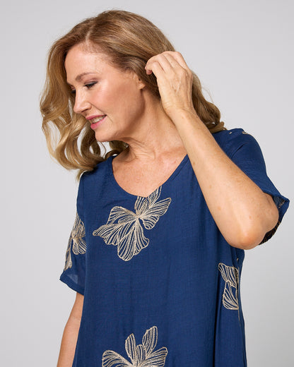 Yasmin Embroidered Dress - Navy/Gold
