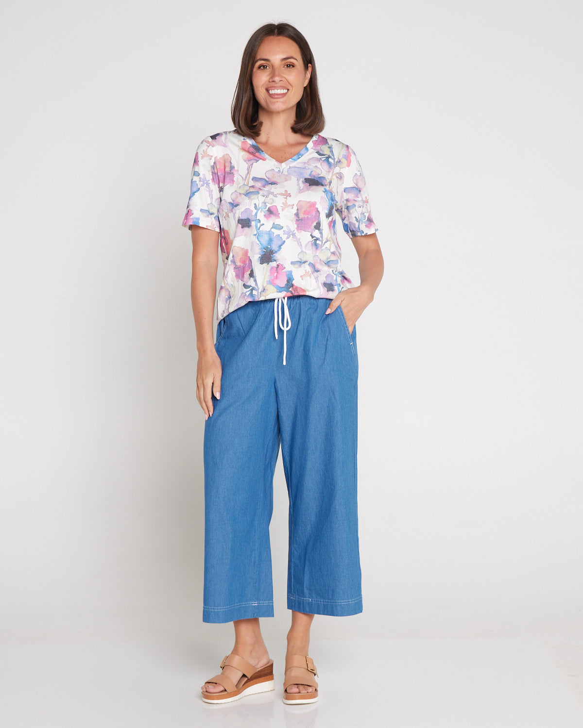 Harley Chambray Cotton Wide Leg 7/8 Pants | TULIO – TULIO Fashion
