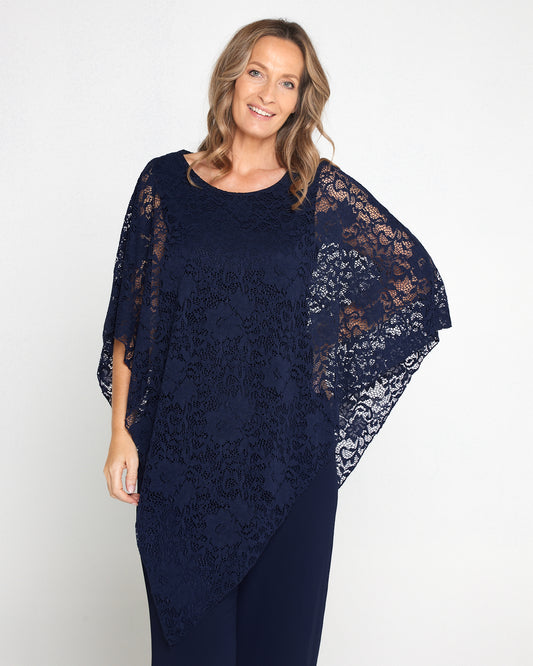 Eliza Lace Overlay Top - Navy