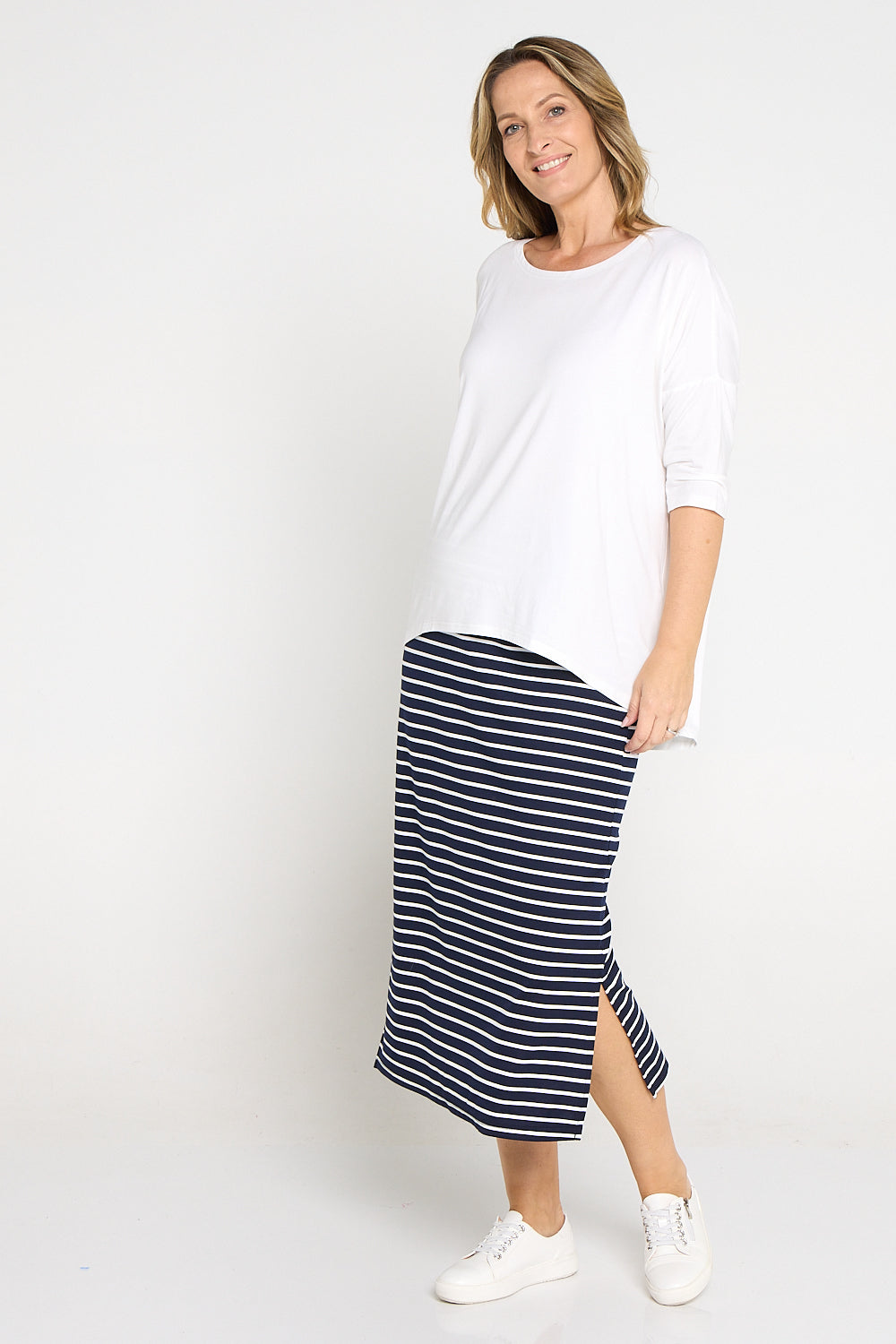 Charlize Column Skirt Navy White Stripe TULIO Fashion