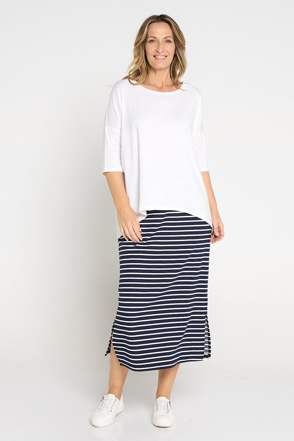 Charlize Column Skirt Navy White Stripe TULIO Fashion