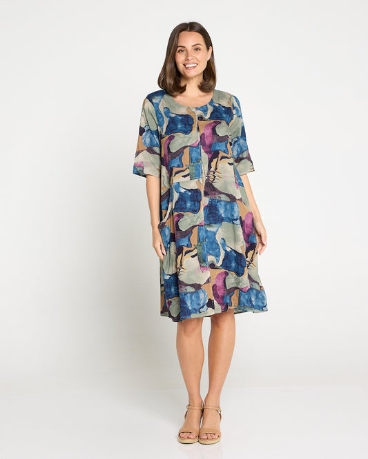 Eva Cotton Dress - Watercolour Lake