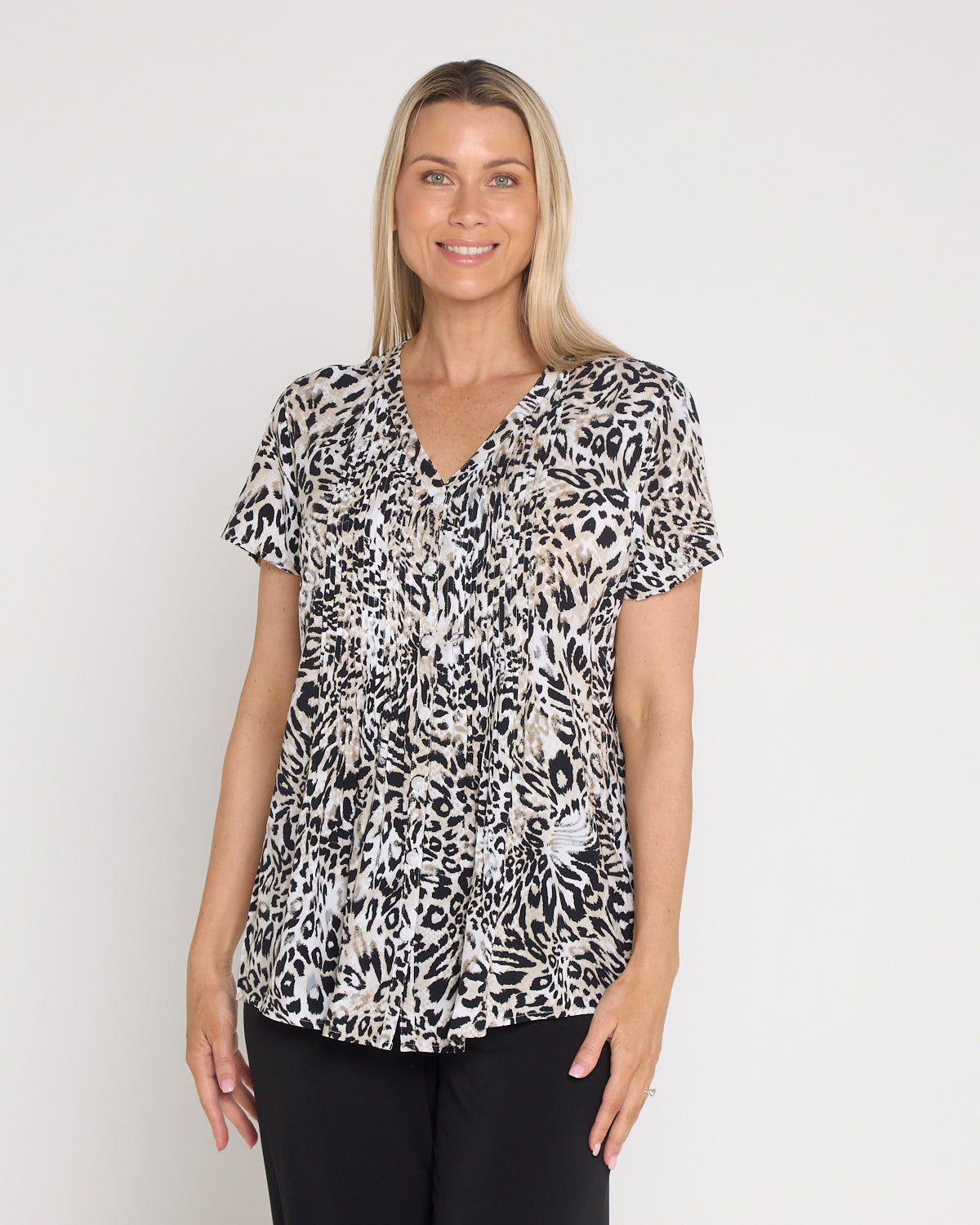 Chloe Pintuck Shirt - Black/Leopard Print
