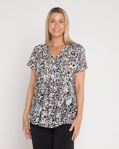 Chloe Pintuck Shirt - Black/Leopard Print