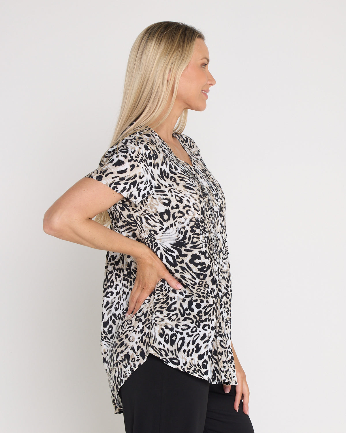 Chloe Pintuck Shirt - Black/Leopard Print