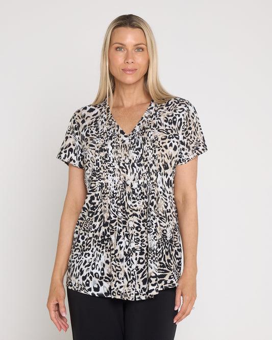 Chloe Pintuck Shirt - Black/Leopard Print