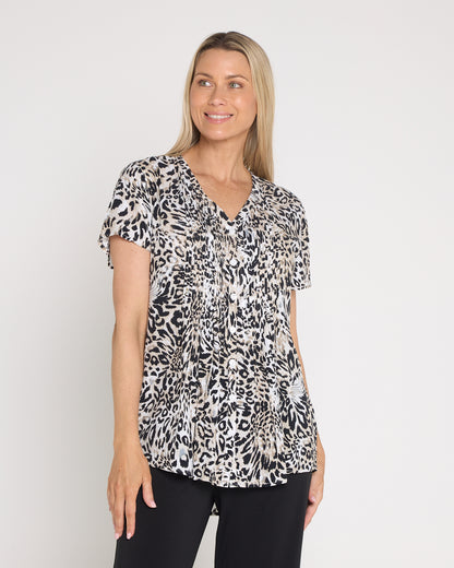 Chloe Pintuck Shirt - Black/Leopard Print