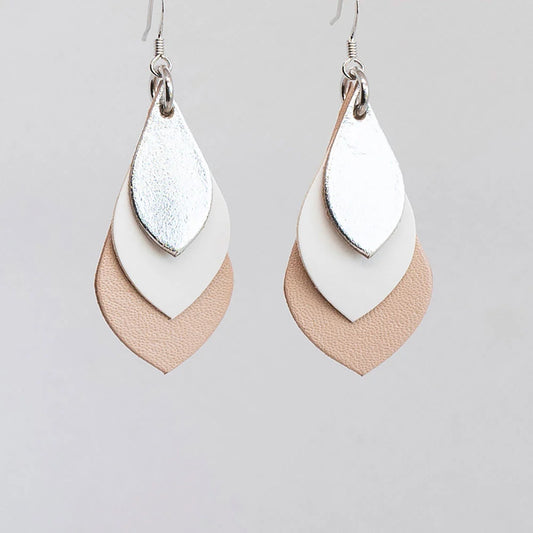 Clara Leather Leaf Earrings - Silver/White/Beige