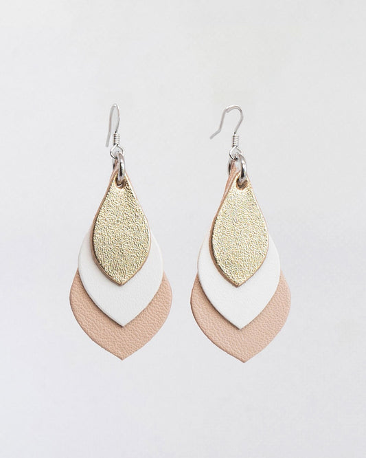 Sahara Teardrop Leather Earrings – Gold/White/Beige