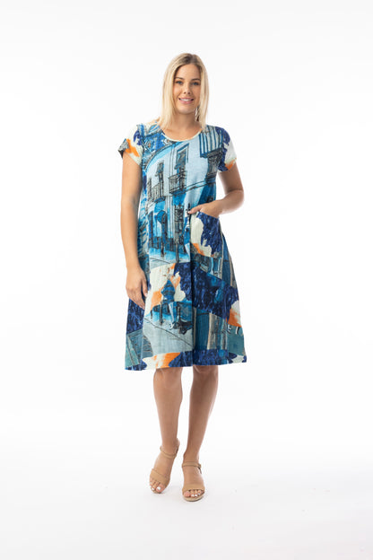 Printed Cotton Dress Shift Flair Crew - Blue Tower