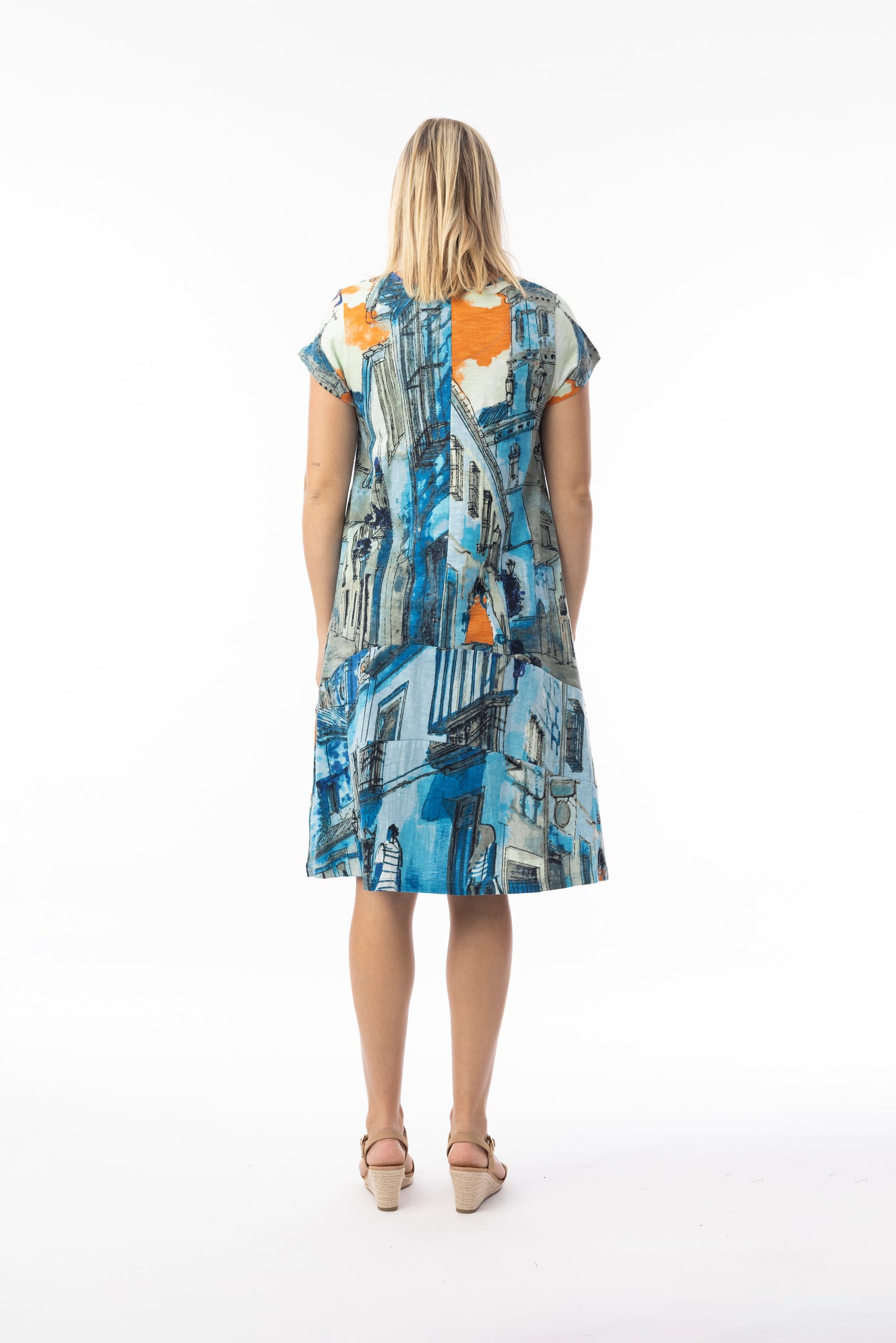 Printed Cotton Dress Shift Flair Crew - Blue Tower