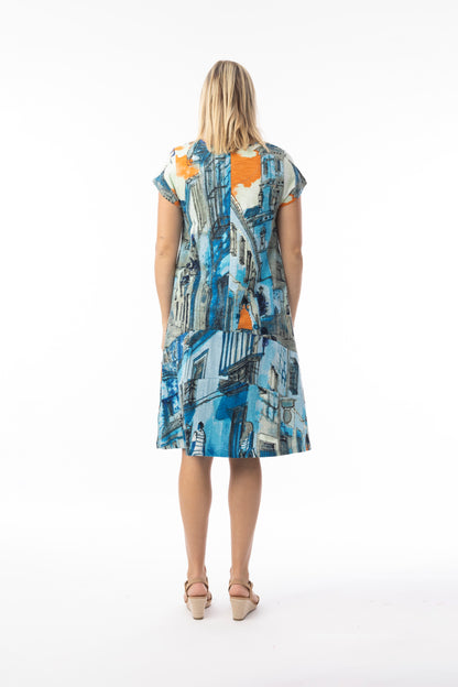Printed Cotton Dress Shift Flair Crew - Blue Tower