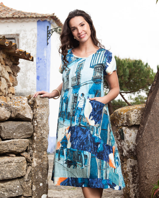 Printed Cotton Dress Shift Flair Crew - Blue Tower