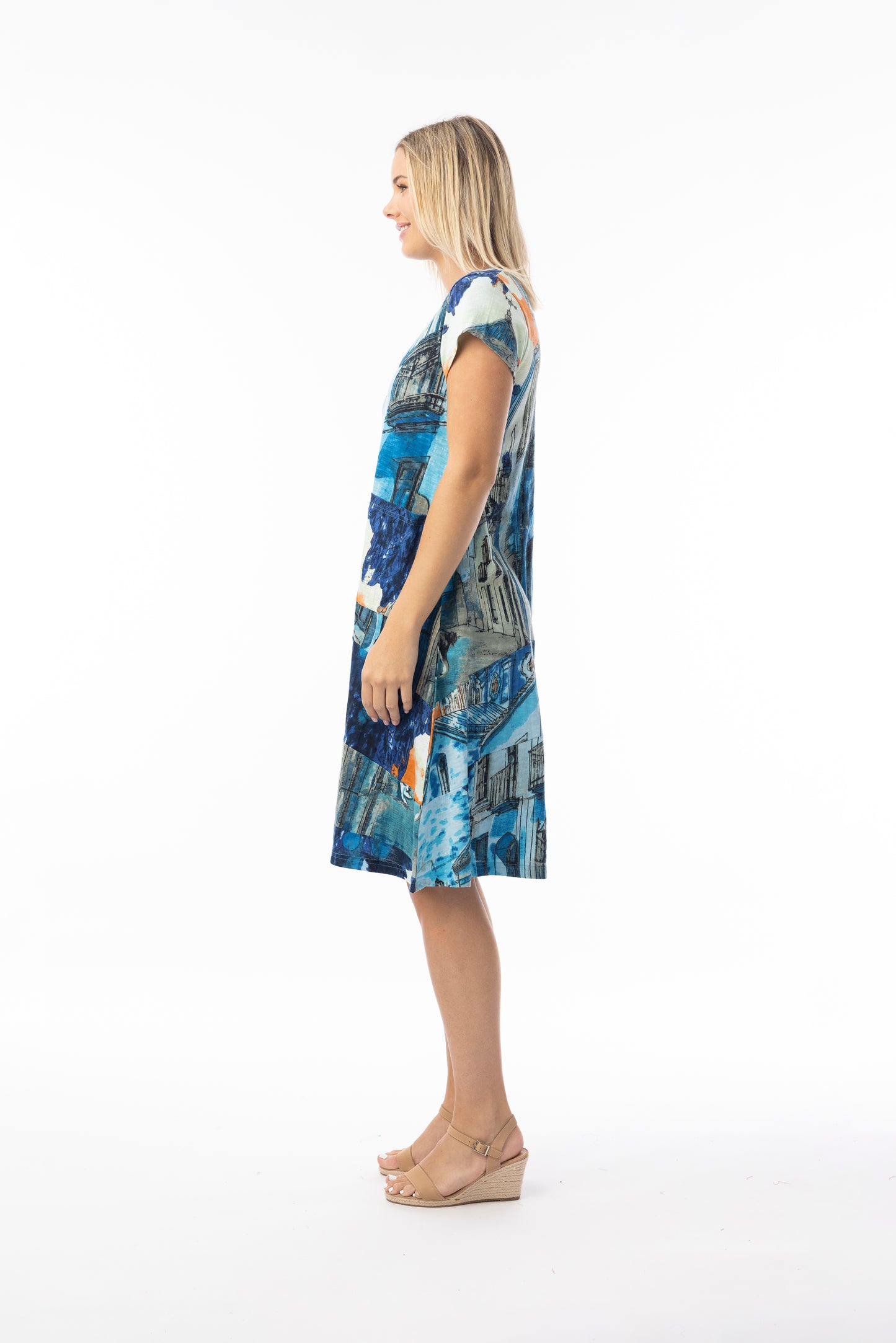 Printed Cotton Dress Shift Flair Crew - Blue Tower