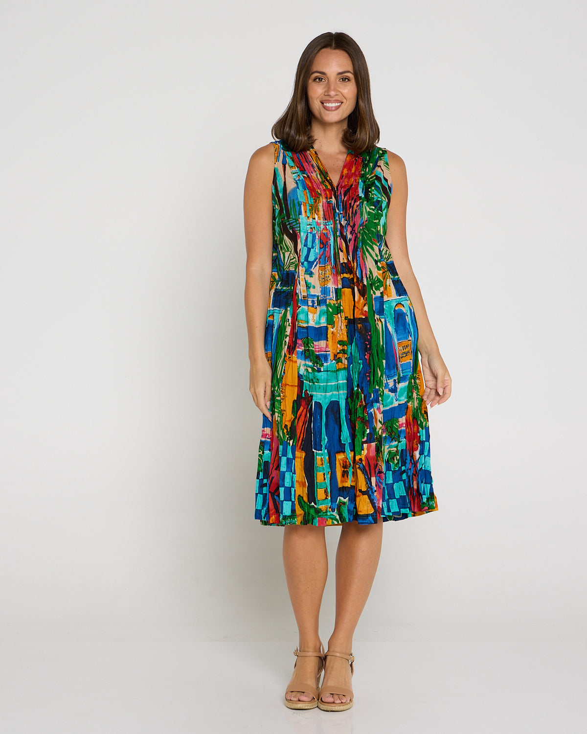 Sleeveless Organic Cotton V Pleated Dress - Oasis