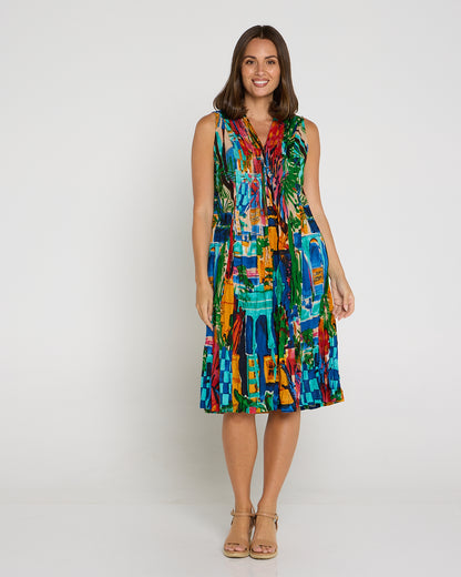 Sleeveless Organic Cotton V Pleated Dress - Oasis