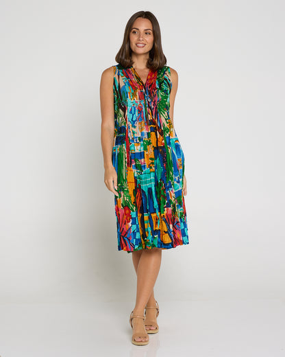 Sleeveless Organic Cotton V Pleated Dress - Oasis