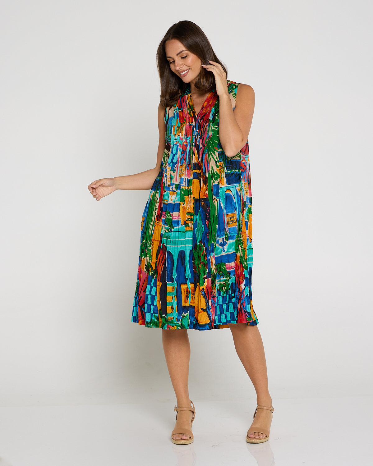 Sleeveless Organic Cotton V Pleated Dress - Oasis