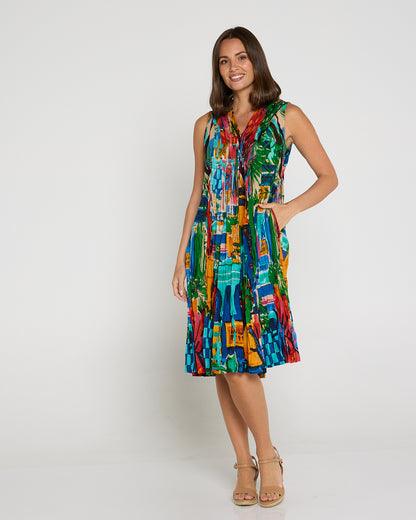 Sleeveless Organic Cotton V Pleated Dress - Oasis