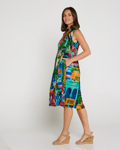 Sleeveless Organic Cotton V Pleated Dress - Oasis