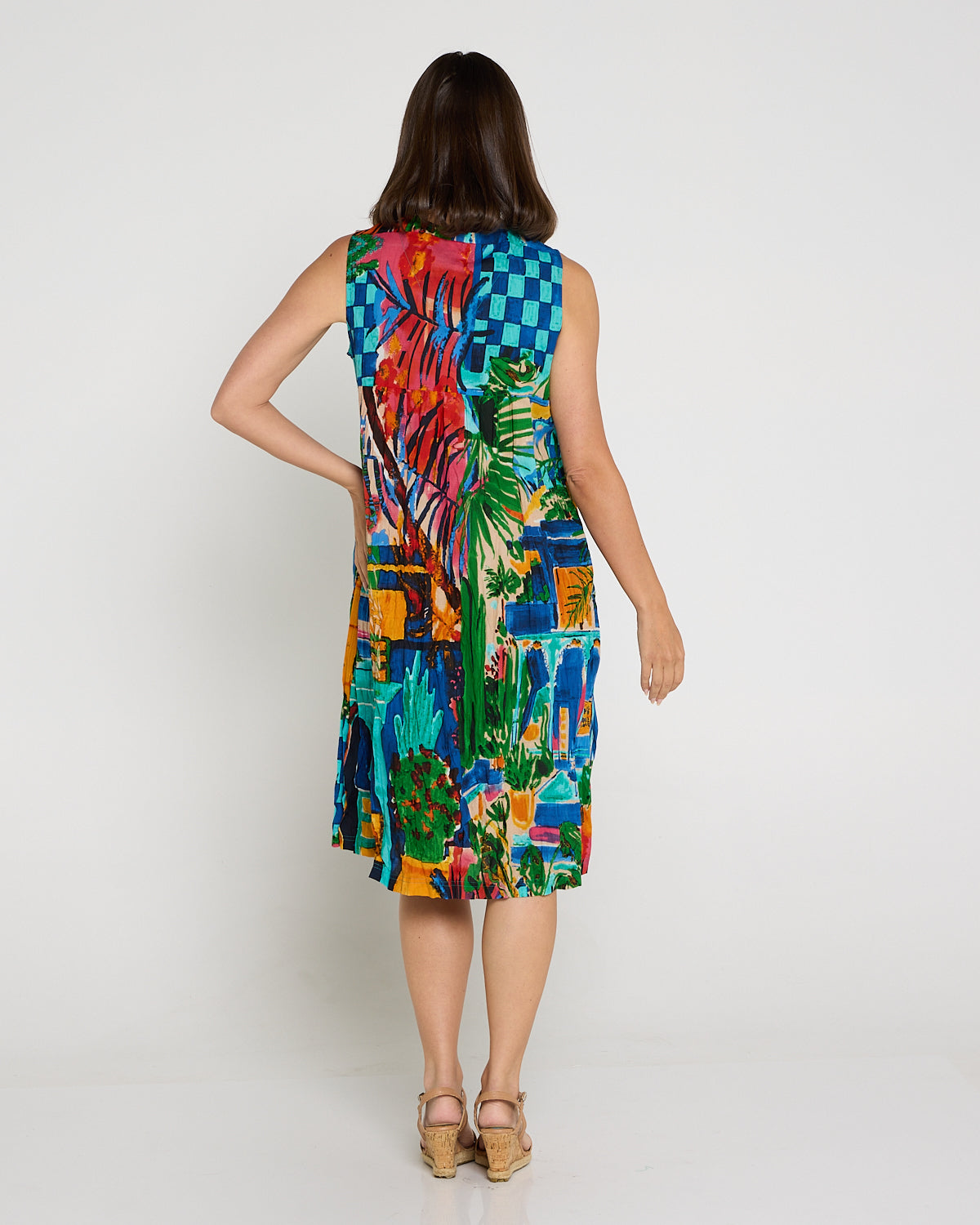 Sleeveless Organic Cotton V Pleated Dress - Oasis