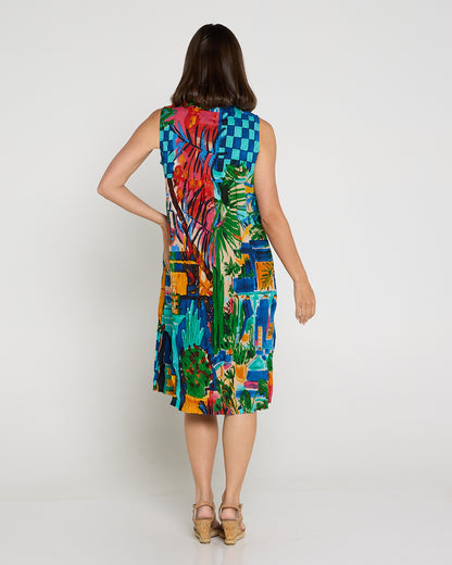 Sleeveless Organic Cotton V Pleated Dress - Oasis