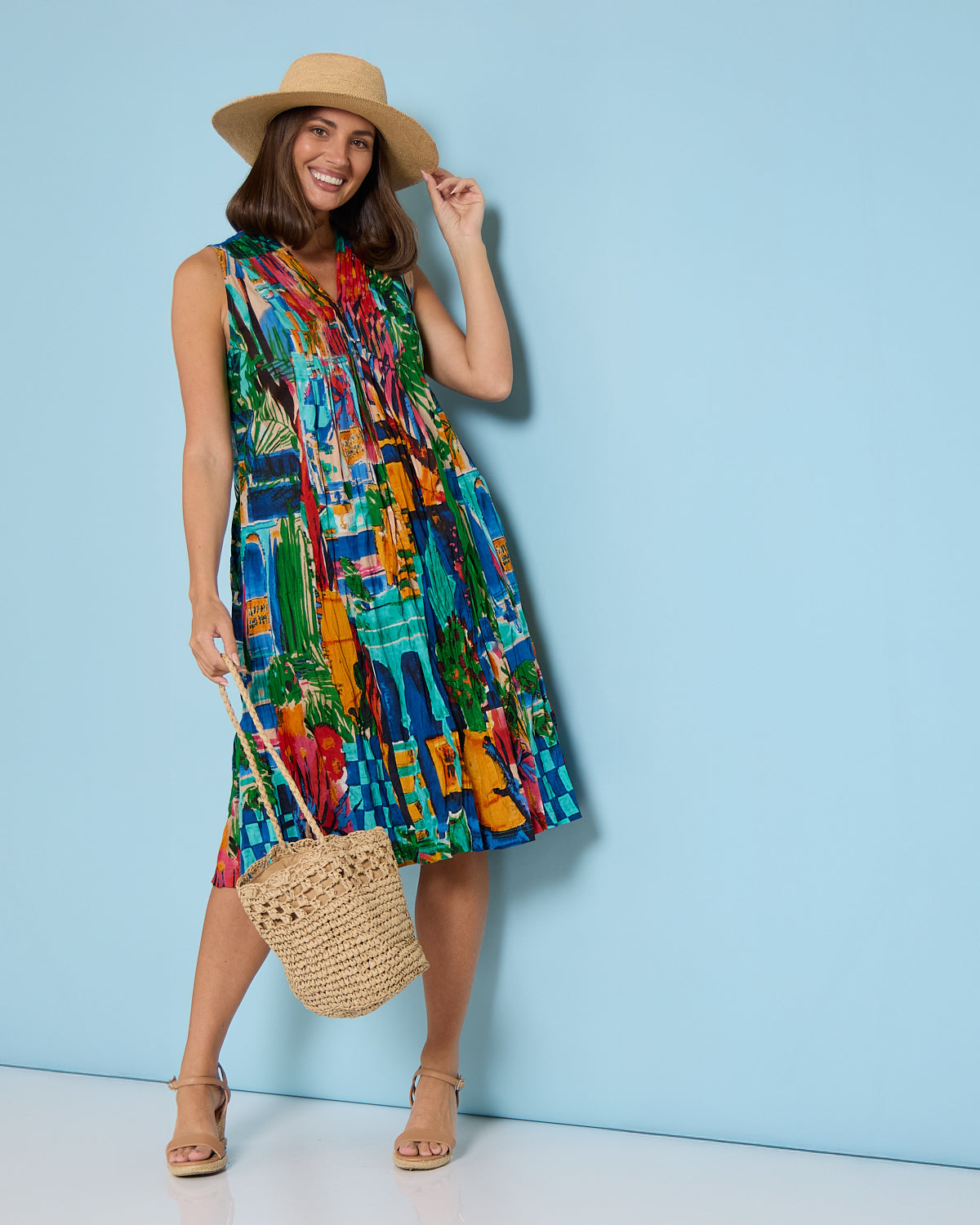 Sleeveless Organic Cotton V Pleated Dress - Oasis