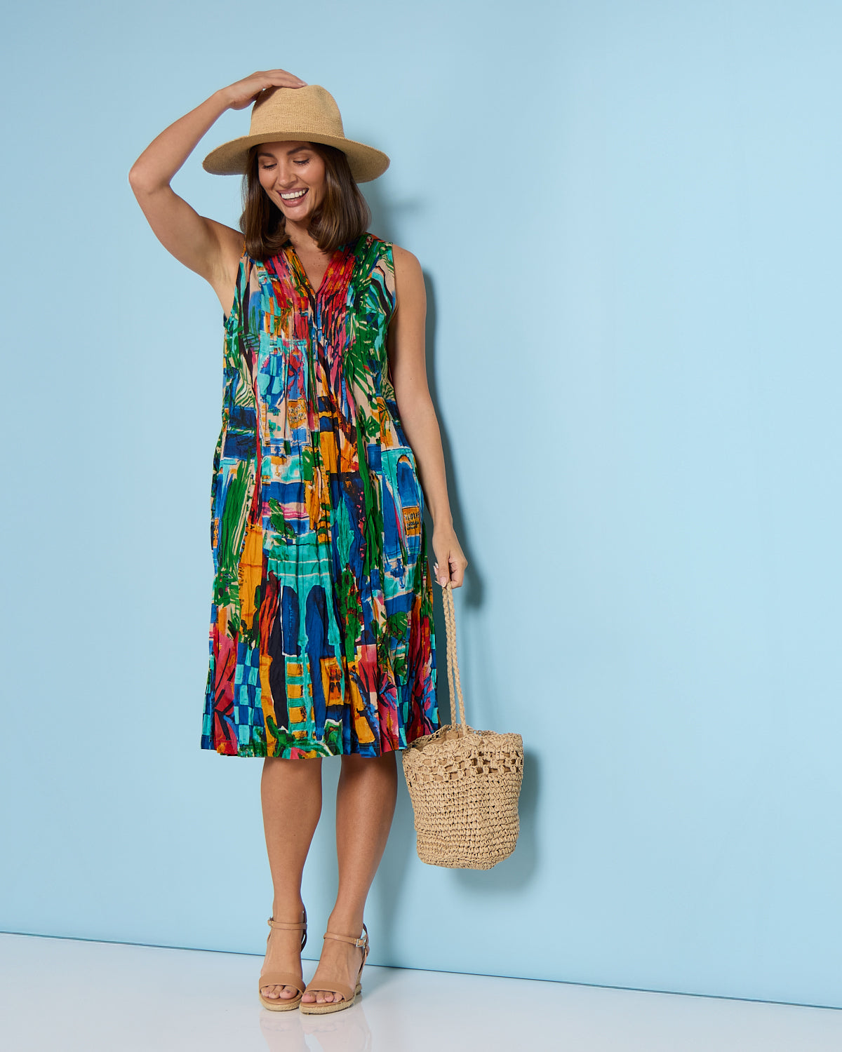 Sleeveless Organic Cotton V Pleated Dress - Oasis