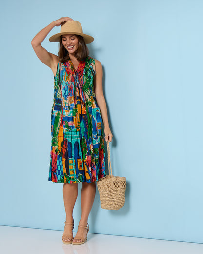 Sleeveless Organic Cotton V Pleated Dress - Oasis