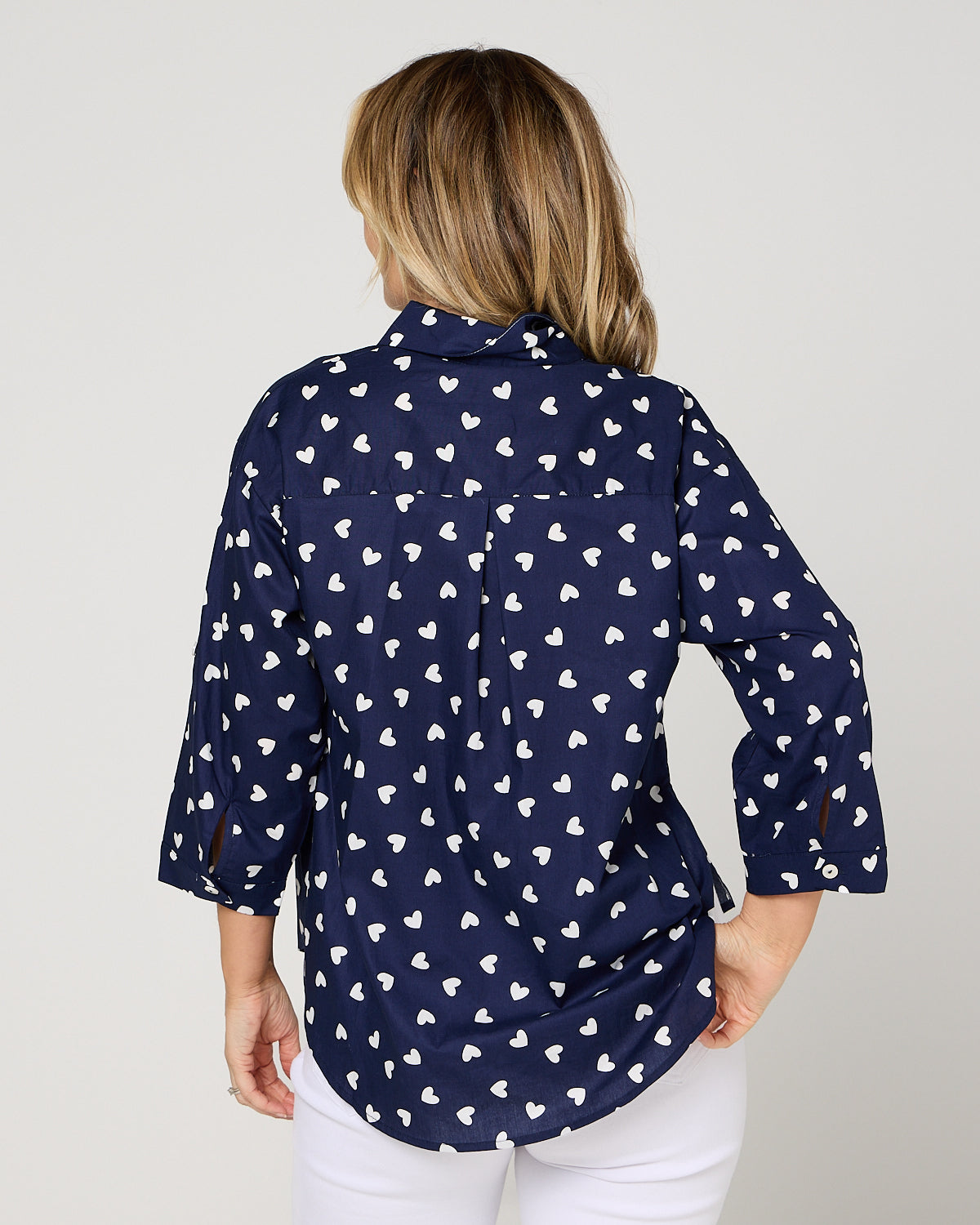 Colana Shirt - Navy Heart: back view showing pleated yoke