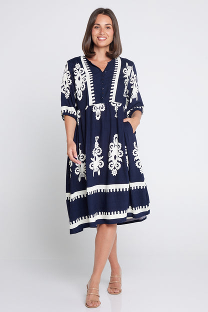 Zalara Dress - Navy/White Print