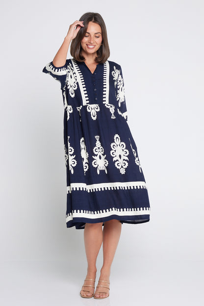 Zalara Dress - Navy/White Print