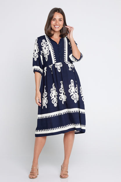 Zalara Dress - Navy/White Print