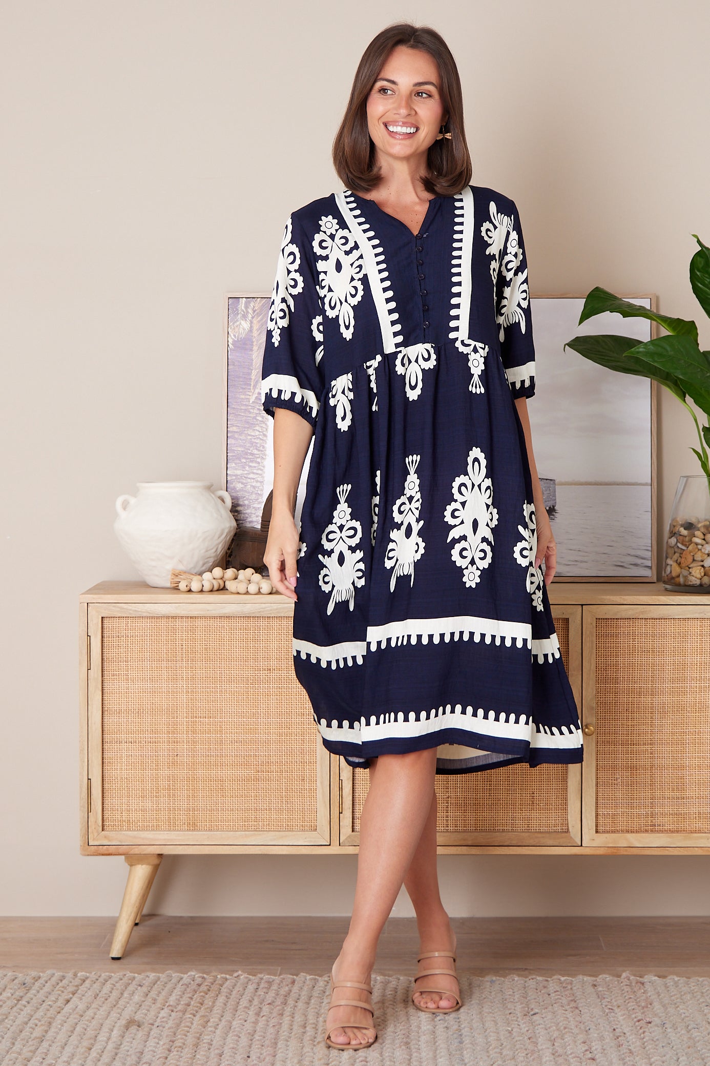 Zalara Dress - Navy/White Print