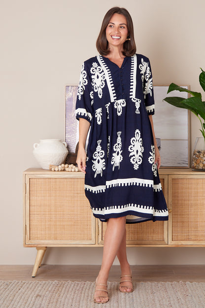 Zalara Dress - Navy/White Print