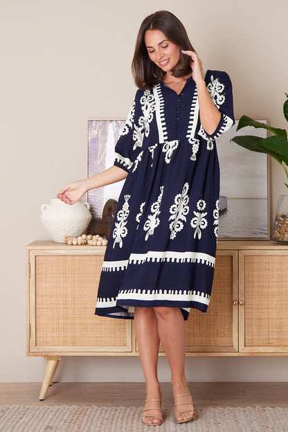Zalara Dress - Navy/White Print