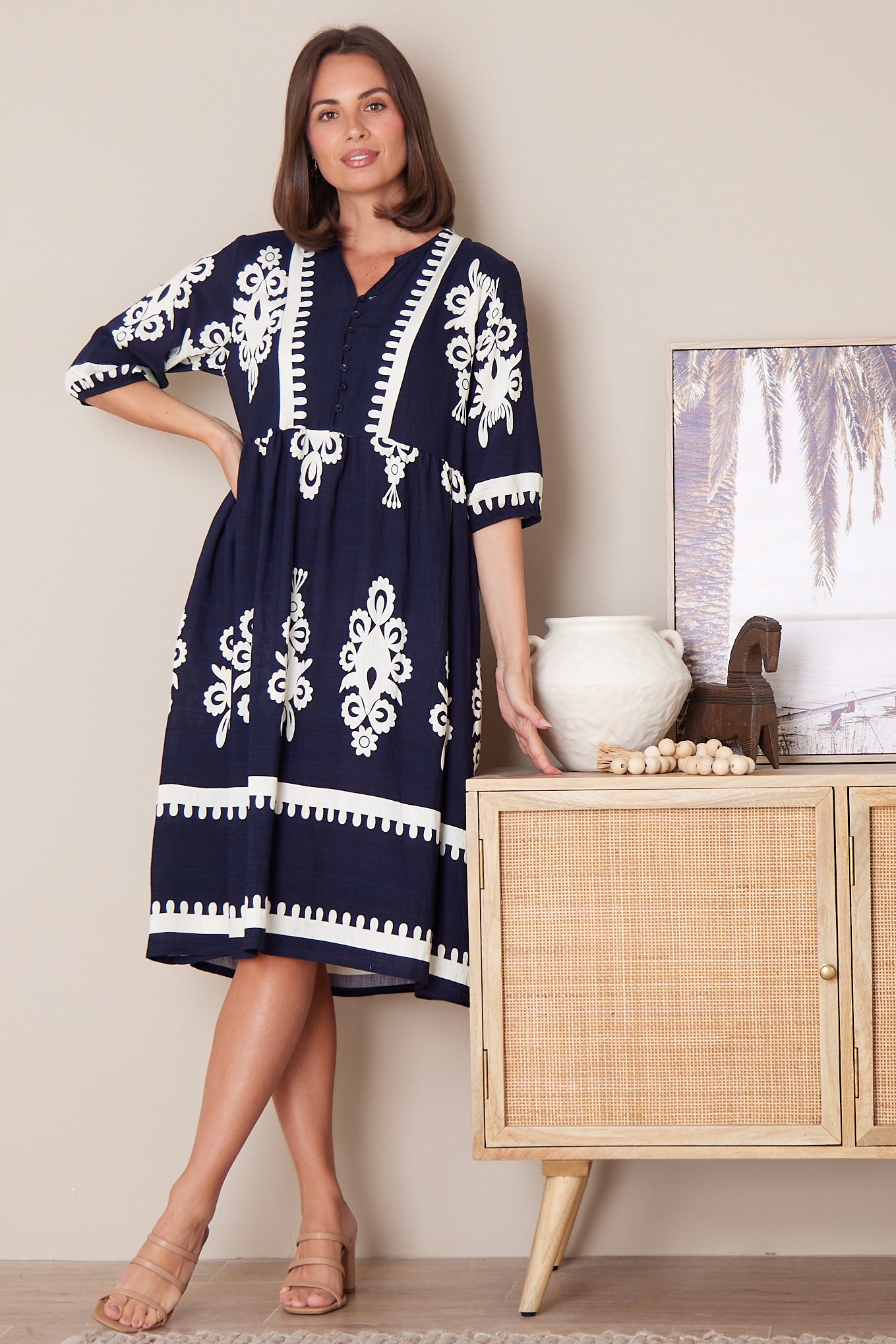 Zalara Dress - Navy/White Print