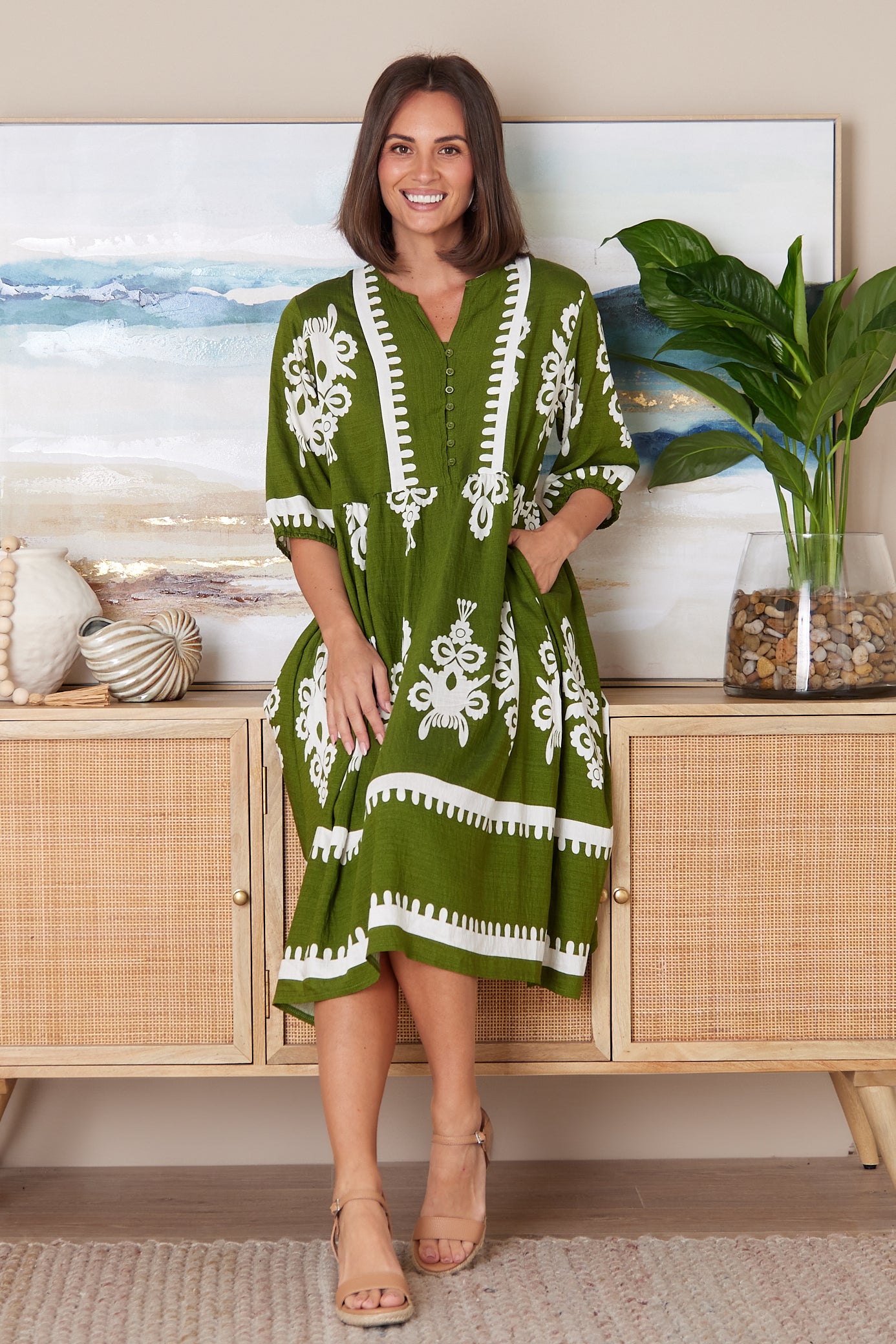 Zalara Dress - Olive/Ivory