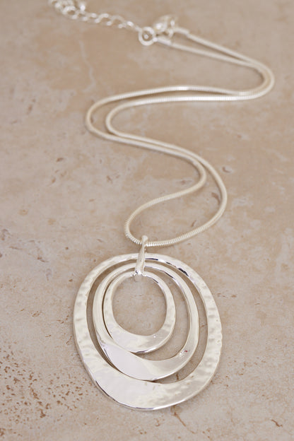 Hammered Double Oval Pendant Necklace - Silver