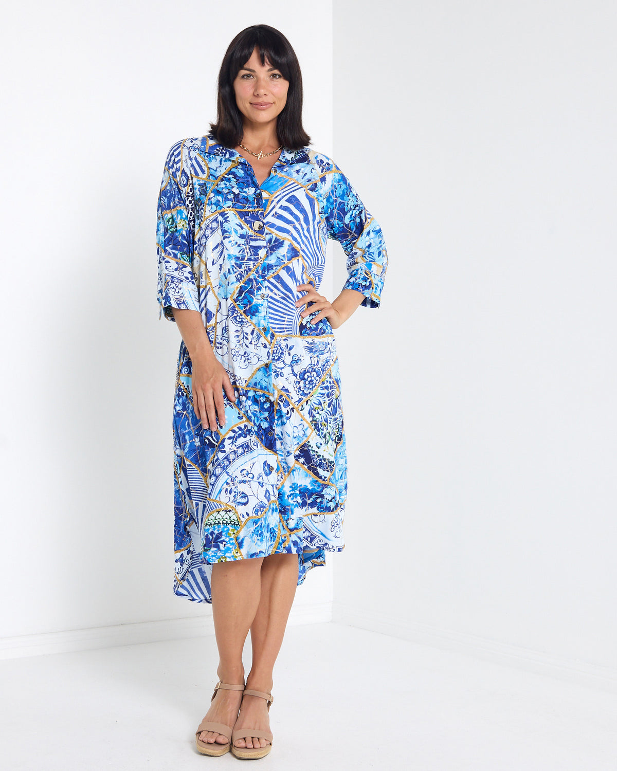 Mia Shirt Dress in patchwork print, front view with collar, button front and three-quarter sleeves