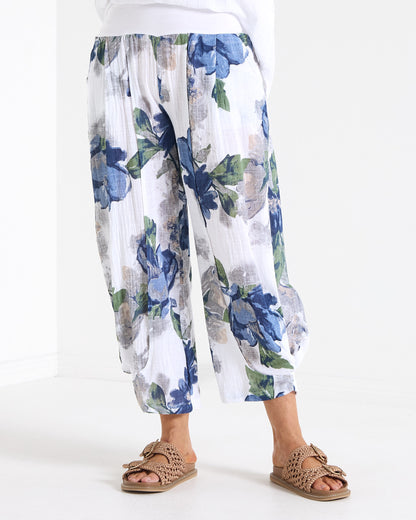 Santorini Cropped Relaxed Pants - Floral Blue