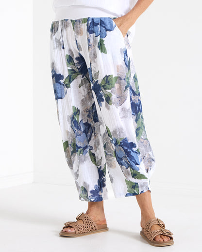 Santorini Cropped Relaxed Pants - Floral Blue