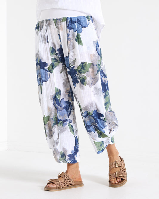 Santorini Cropped Relaxed Pants - Floral Blue